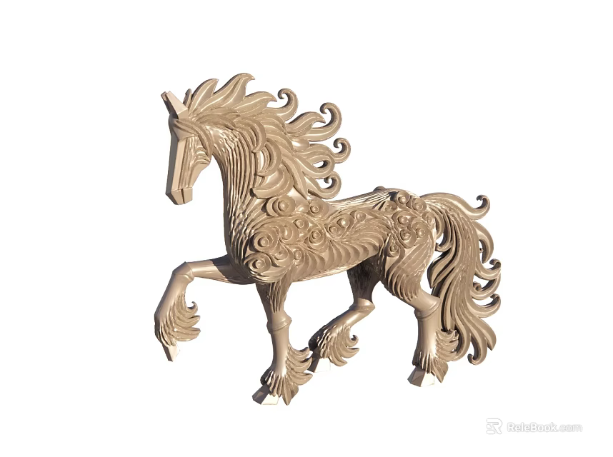 Decorative Wooden Horse Sculpture With Intricate Carved Patterns And Lifted Leg 3d model 
