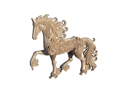 Decorative Wooden Horse Sculpture With Intricate Carved Patterns And Lifted Leg 3d model