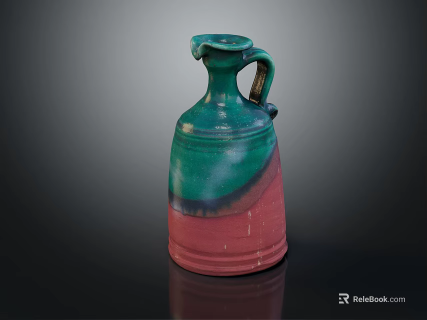 Ceramic Vase With Green Pink Gradient Color And Handle On Black Background 3d model 