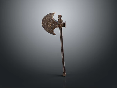 Artistic Intricately Carved Axe Sculpture With Decorative Patterns And Wooden Handle 3d model