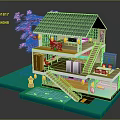 Cartoon Multi Level House With Blue Roof Pink Cherry Blossom Tree And Staircase