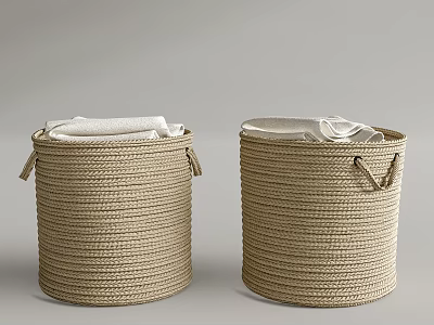Woven Beige Storage Baskets With Handles Holding White Towels For Organization 3d model