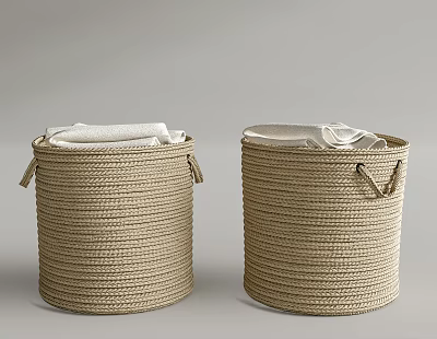 Woven Beige Storage Baskets With Handles Holding White Towels For Organization 3d model