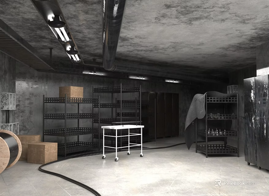 Industrial Warehouse Interior With Metal Shelves Wooden Boxes And Rolling Cart 3d model 