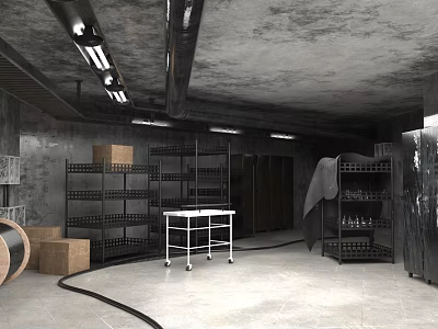 Industrial Warehouse Interior With Metal Shelves Wooden Boxes And Rolling Cart 3d model