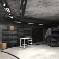 Industrial Warehouse Interior With Metal Shelves Wooden Boxes And Rolling Cart