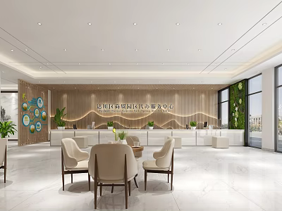 Modern Hotel Public Lounge Interior With Comfortable Chairs Wooden Wall Decor And Green Plants 3d model