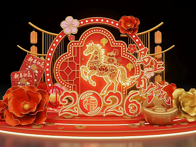 Chinese New Year 2026 Horse Theme Photo Spot With Red Paper Cut Flowers And Lanterns 3d model