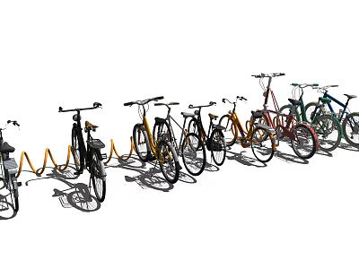 Colorful Bicycles Parked In A Row On Bicycle Rack With Shadows 3d model