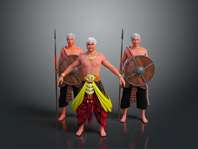 Three Tribal Warriors In Traditional Decorative Attire With Shields And Spears Standing 3d model