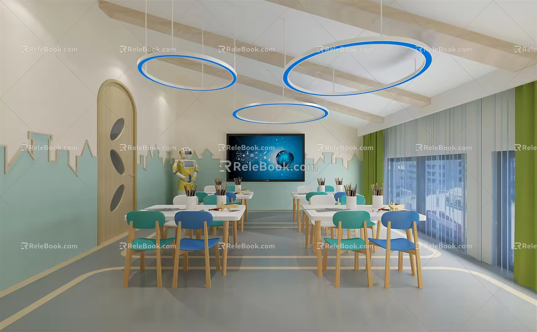 Modern Classroom Training Classroom Chandelier Tables and Chairs 3d model