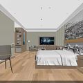 Modern Hotel Room Interior Featuring Bed TV Wooden Desk Chair Sofa And Decorative Wall Art