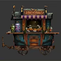 Vintage Colorful Mobile Food Cart With Striped Awning Juicy Delights Bottled Drinks And Fresh Fruits