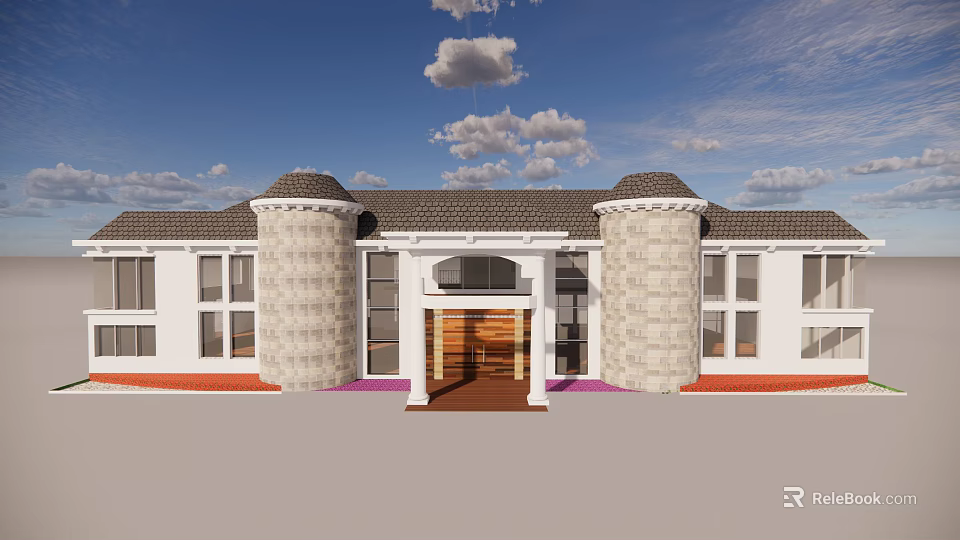Luxurious Detached Villa Exterior With Stone Columns Tile Roof And Wooden Entrance 3d model 