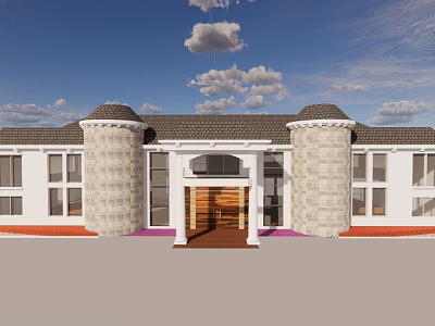 Luxurious Detached Villa Exterior With Stone Columns Tile Roof And Wooden Entrance 3d model
