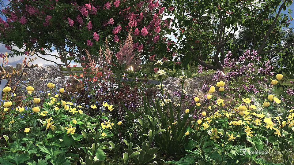 Vibrant Flowering Bush With Pink Yellow Purple Blooms And Green Foliage 3d model 