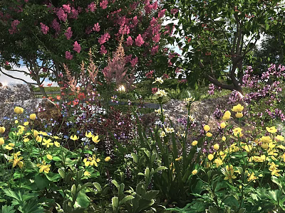 Vibrant Flowering Bush With Pink Yellow Purple Blooms And Green Foliage 3d model