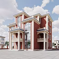 Multi Story Red Brick Detached Villa With Arched Windows Balconies And Columns 3d model