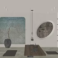 Serene Traditional Tea Room Interior With Large Glass Window Stone Vase Branch Wooden Table And Mats