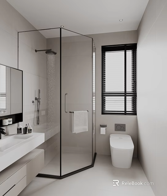 Modern Bathroom Interior With Glass Shower White Toilet Vanity And Window Blinds 3d model 
