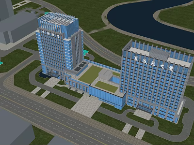 Modern High Rise Buildings With Glass Facades Near River Road And Green Areas 3d model