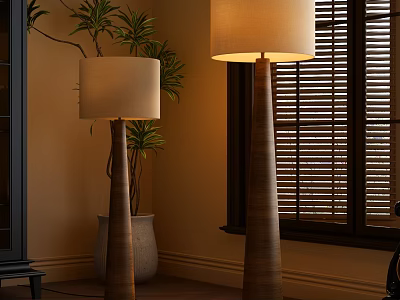 Floor Lamps With Wooden Stands And Beige Shades Near Window Blinds Green Plant 3d model