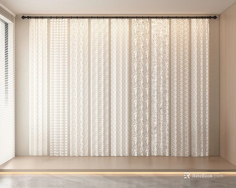 Elegant White Floor Length Curtains With Sheer Lace Pattern And Light Filtering Design 3d model 