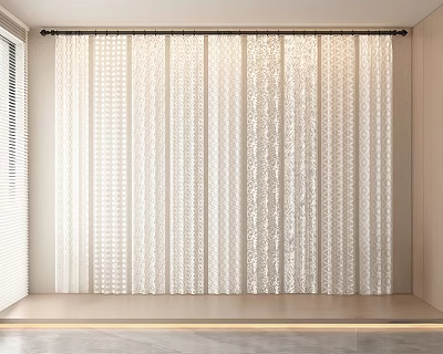 Elegant White Floor Length Curtains With Sheer Lace Pattern And Light Filtering Design 3d model