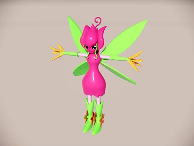 Cartoon Fairy Character with Pink Body Green Wings and Yellow Hands Feet 3d model