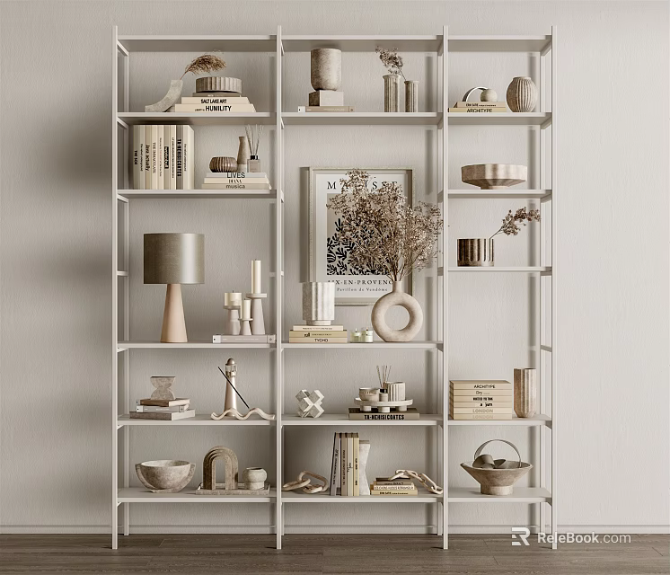 Modern Bookcase with Metal Frame Books Decorative Items Vase And Photo Frame 3d model 