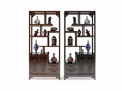 Traditional Chinese Style Decorative Cabinets With Carved Designs And Ornamental Vases 3d model