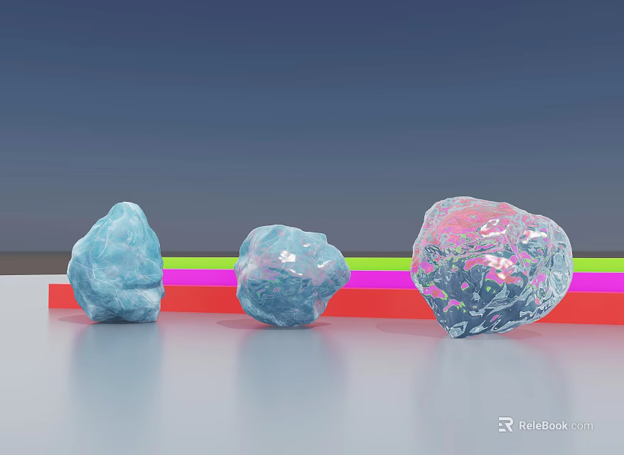 Three Transparent Stone and Wood Decor Pieces on Red Platform with Gradient Background 3d model 