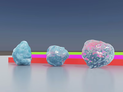 Three Transparent Stone and Wood Decor Pieces on Red Platform with Gradient Background 3d model