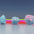 Three Transparent Stone and Wood Decor Pieces on Red Platform with Gradient Background