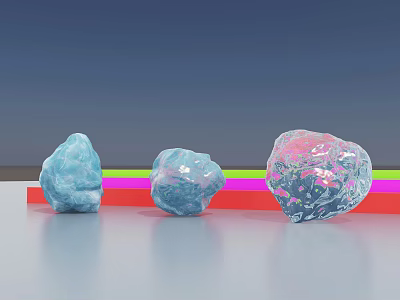 Three Transparent Stone and Wood Decor Pieces on Red Platform with Gradient Background 3d model