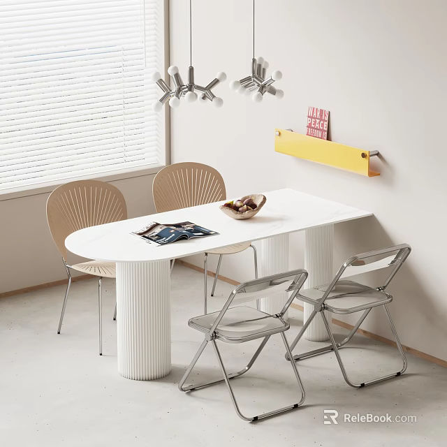 Modern Interior White Oval Dining Table Set With Ribbed Column Legs Light And Folding Chairs 3d model