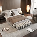 Modern Double Bed With Upholstered Headboard Nightstand Table Lamp And Soft Rug