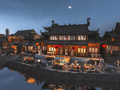 Cartoon Ancient Chinese Waterfront Night Scene With Traditional Buildings 3d model