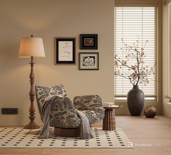 Neutral Patterned Accent Chair With Floor Lamp Wall Art And Vase In Cozy Living Space 3d model 
