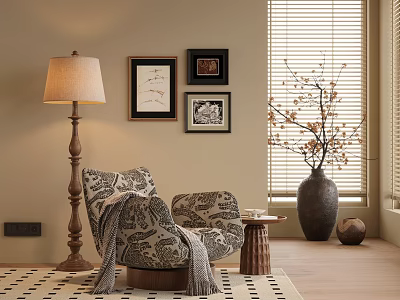 Neutral Patterned Accent Chair With Floor Lamp Wall Art And Vase In Cozy Living Space 3d model
