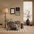 Neutral Patterned Accent Chair With Floor Lamp Wall Art And Vase In Cozy Living Space