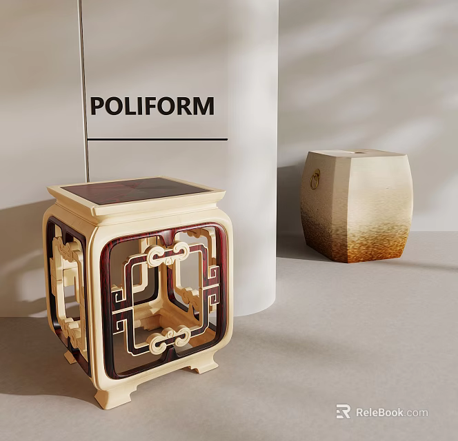 Poliform Square Geometric Design Wooden Frame And Cylindrical Gradient Color Stools 3d model