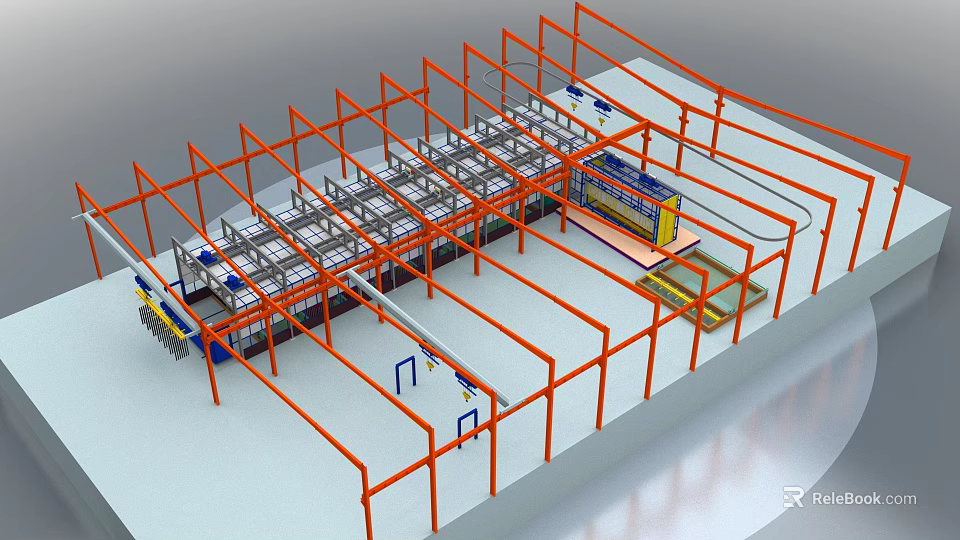 Industrial Equipment Assembly Line Featuring Metal Frames And Arranged Processing Units 3d model 