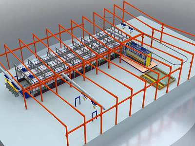 Industrial Equipment Assembly Line Featuring Metal Frames And Arranged Processing Units 3d model
