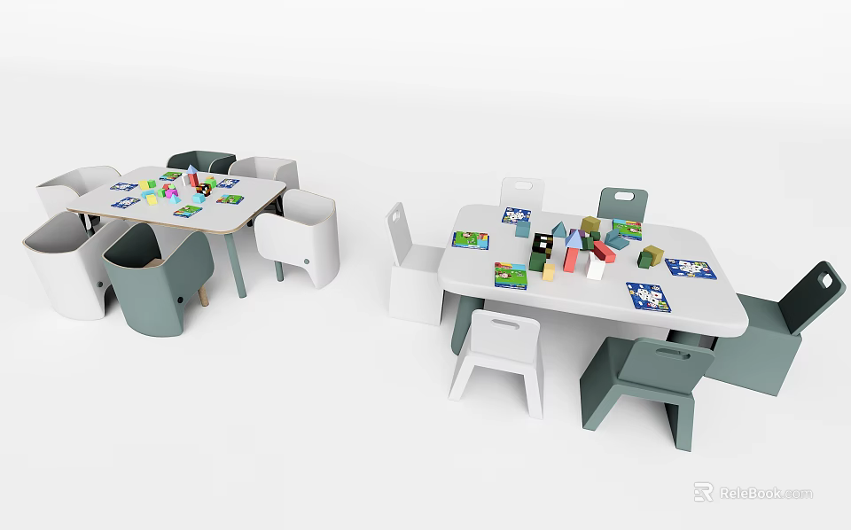 Kids Table with Chairs and Colorful Toys in White and Gray Design 3d model 