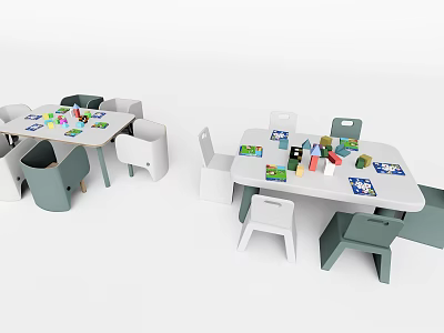 Kids Table with Chairs and Colorful Toys in White and Gray Design 3d model