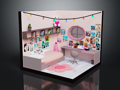 Cartoon Room Scene With Colorful String Lights Pink Stuffed Toy Posters Mirror Bed And Desk 3d model