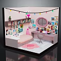 Cartoon Room Scene With Colorful String Lights Pink Stuffed Toy Posters Mirror Bed And Desk