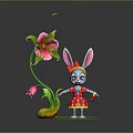 Cartoon Rabbit Game Character With Long Ears Red Bow And Pink Flower On Green Grass