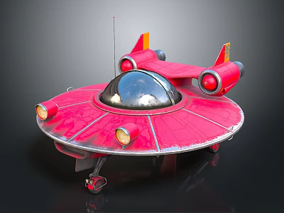 Red Circular Spaceship Design With Transparent Dome Yellow Lights And Red Components 3d model